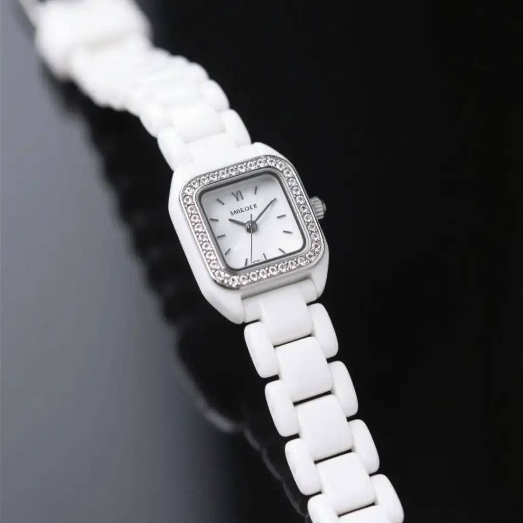 氣質時尚白色陶瓷小表盤滿鑽小方女錶