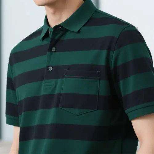 高檔純棉翻領有口袋條紋POLO衫男