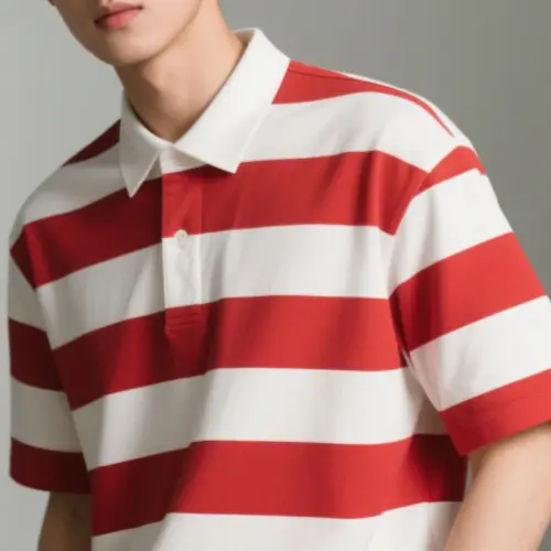 撞色條紋拼接色織翻領短袖T恤男