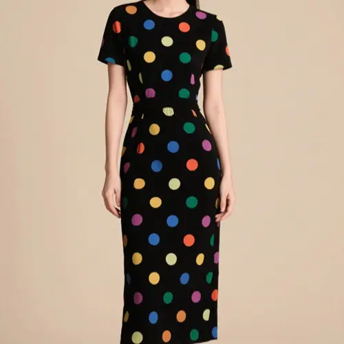 修身圓領印花中長款連衣裙