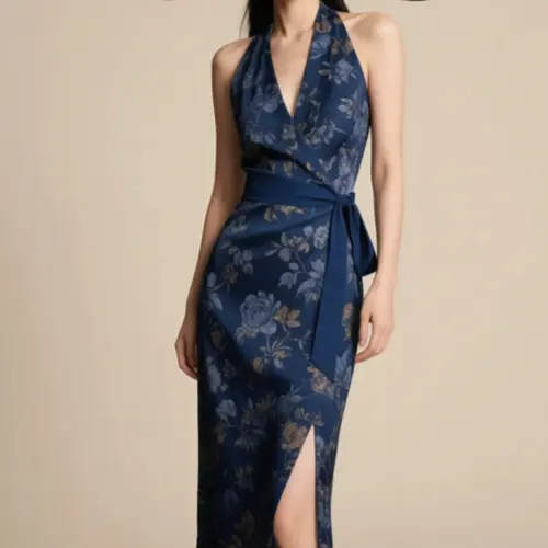 復古時尚氣質挂脖V領印花連衣裙