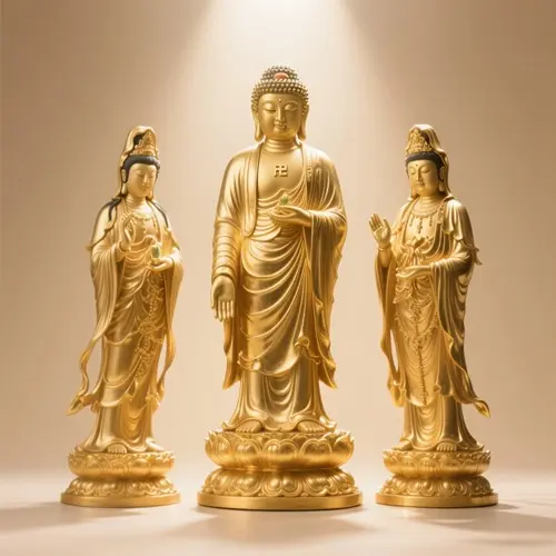 貼金西方三聖銅像阿彌陀佛銅像站像觀音佛像大勢至家用擺件