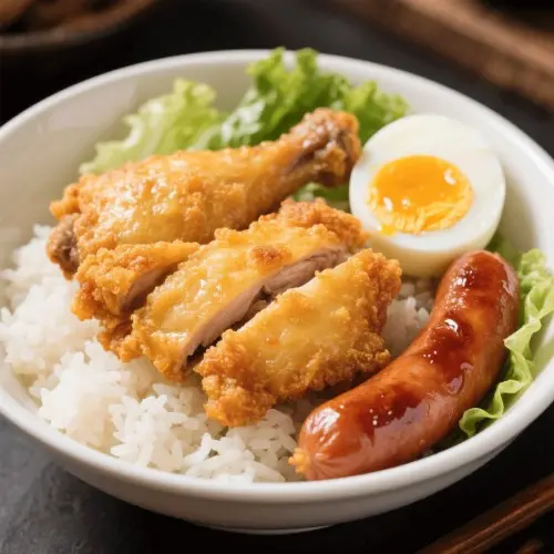 生炸雞脾紅腸蛋飯