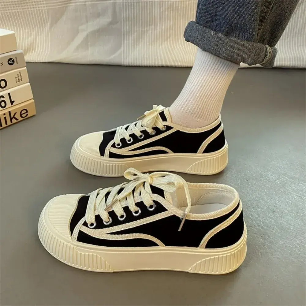 新款女士帆布平底運動鞋 春秋厚底鞋 女士繫帶運動鞋 硫化鞋