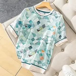 2022 夏季新款短袖格紋冰絲 T 恤 羅紋優雅針織 T 恤（G 碼、XXL 碼）