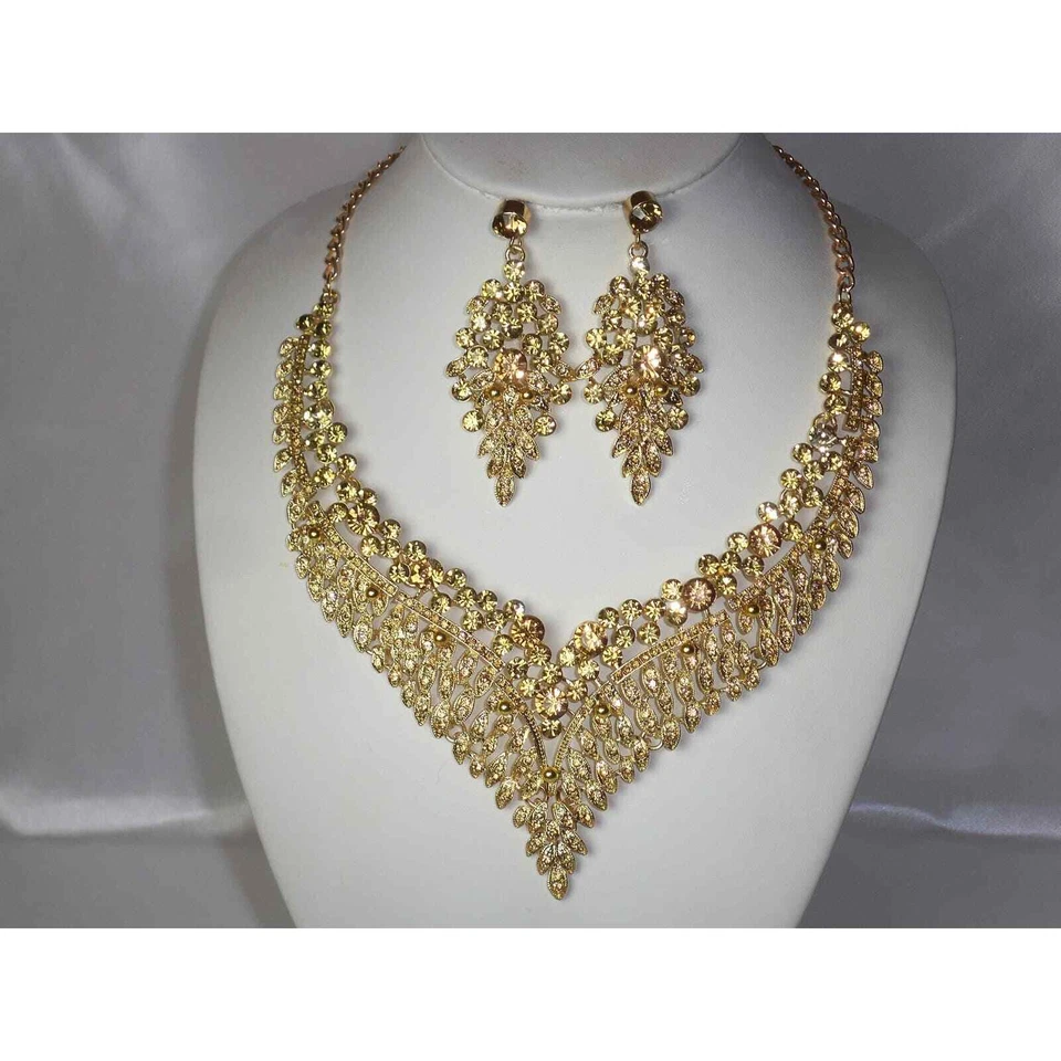 香檳色黃玉水鑽項鍊耳環套裝