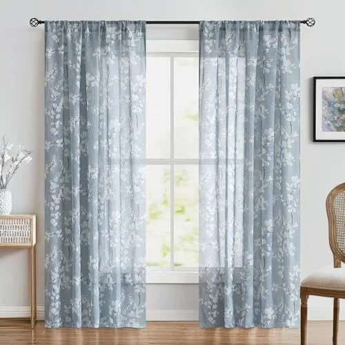 臥室用亞麻薄紗窗簾，藍色50"寬x84"長(2件裝)花蕾藍色