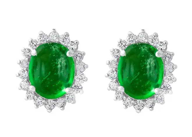 天然翡翠贊比亞凸面寶石與鑽石耳釘