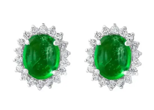 天然翡翠贊比亞凸面寶石與鑽石耳釘